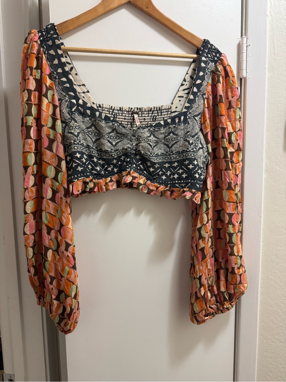 Free People Multicolor Mixed-Print Puff Sleeve Crop Top